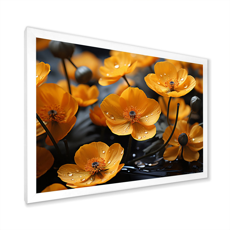 Bouton d'or jaune et gris doré noir et blanc II - décoration murale florale, H 24 po x l 32 po x P 1 po, Blanc