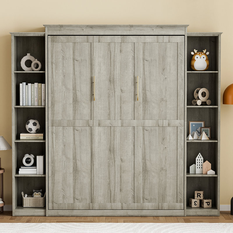 Lit escamotable Murphy avec tablettes de rangement, Gris, Grand lit