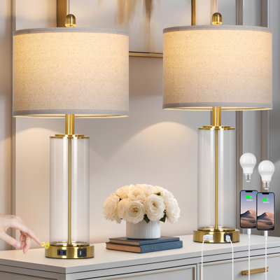 26” Modern Glass Bedside Table Lamps with Dual USB Ports, Touch Control, and Bulbs