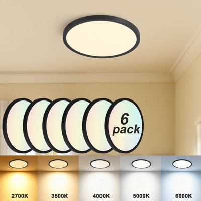 6-Pack LED Flush Mount Ceiling Light Fixtures Black 12 in. 24 W Dimmable & 5CCT Thin Round Low Profile Ceiling Lamp