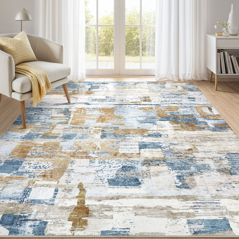 Tapis abstrait à motif abstrait Boho, Blue, Rectangle 5' x 8'