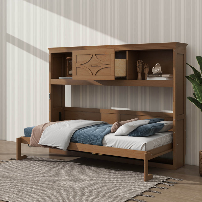 Lit escamotable simple avec station de charge et un tiroir, Bois