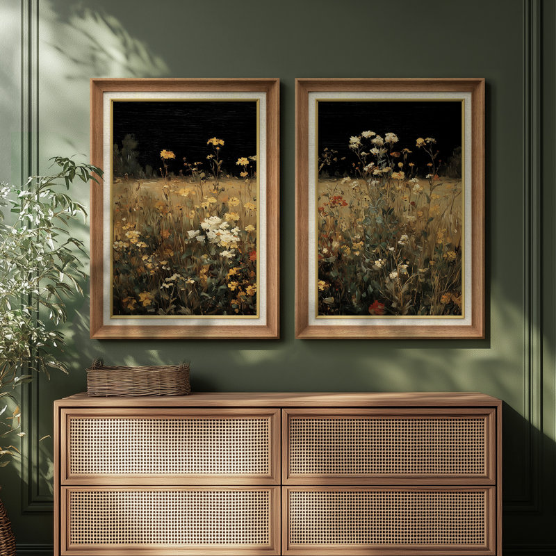 «Meadow Florals Dark Rustic», ensemble de 2 reproductions d'art encadrées sur papier de qualité supérieure 26 po x 36 po