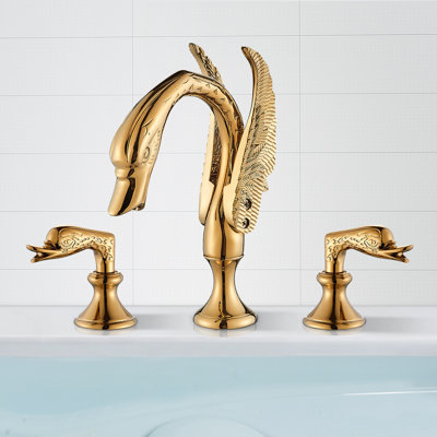 Gold Widespread Swan Bathroom Sink Faucet 3-Hole 2 Handles Deck Mount Mixer Tap -  Nabiyy, 63-JXN9