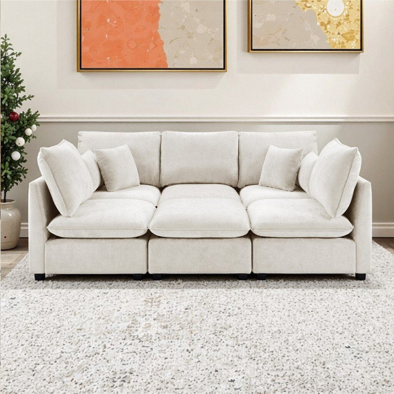 Canapé modulaire modulaire avec repose-pieds et ports USB Revêtement en chenille configurable en L ou en U, Beige