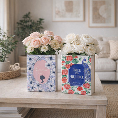 Stylish Ceramic Book Vases Duo for Living Room Decor - Rectangular Tall Flower Vases for Bookcase Accent or Home Decor Accent - Set of 2, 8"