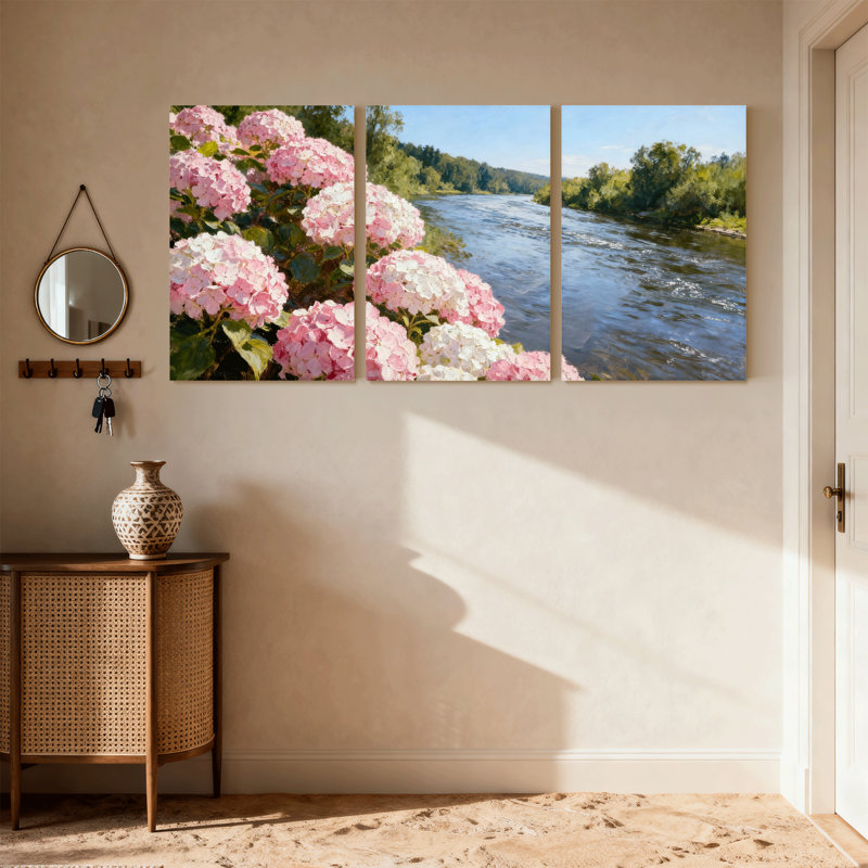 Hortensia, fleurs, rivière, paysage, nature, ensemble de 3 impressions sur toile, H 18 po x l 36 po
