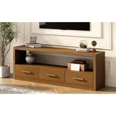 Console de télévision polyvalente en brun, 3 tiroirs, poignées en métal minimalistes, convient aux écrans de 70 à 79 pouces, support de rangement spacieux avec espace pour les médias, téléviseurs de couleur brune, style classique