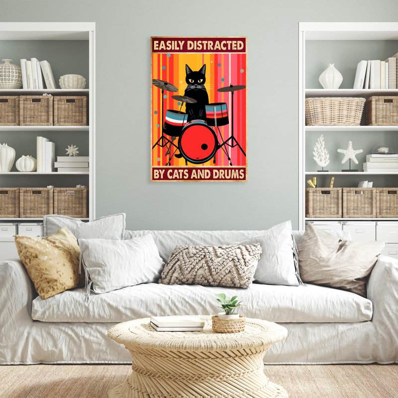 Cats And Drums - 1 pièce, reproduction d'art graphique sur toile tendue, H 36 po x l 24 po x P 1,25 po