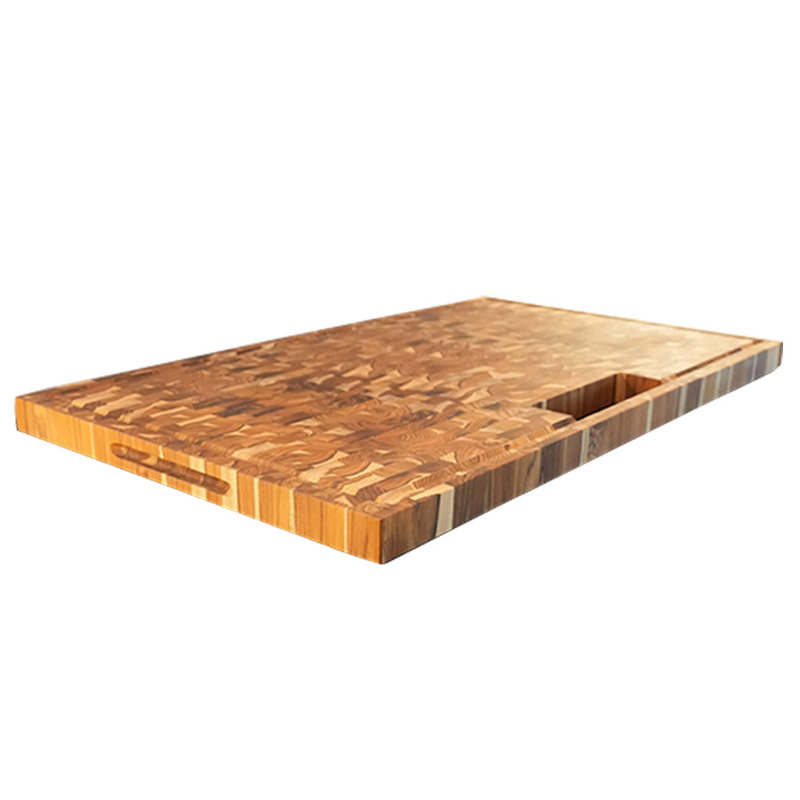 Planche à découper en bois de teck massif EcoDecors certifié FSC, avec rainure à jus, poignées et chute à déchets, 34 x 20