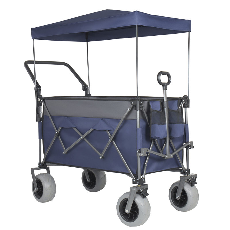 Chariot pliant multifonctionnel avec chariot pivotant et poussoir avec poignée rotative et auvent, pneus de plage de 9 po x 4 po pour le camping et la plage, capacité de charge de 480 lb, grande capacité de transport de 300 L, d'épicerie, pour l'extérieur