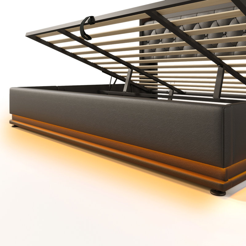 Lit rembourré en polyuréthane, fonction DEL à 360 degrés, boutons / applications / télécommande, lit de rangement hydraulique avec charge USB Type-C (sans matelas)