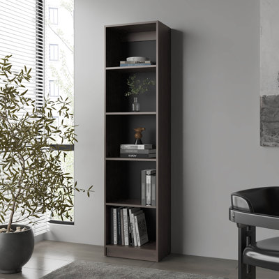 Stained Walnut 5 - Shelf Bookcase With 4 Tier Design, Vertical Storage For Primary Interior Area, Wood Frame, Closed Back Shelves, Particle Board Construction Living