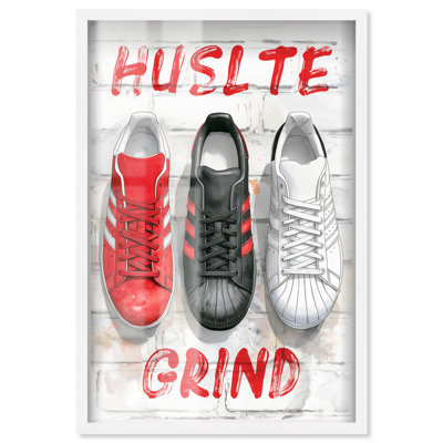 Hustle Grind Brick Wall Sneakers Shadowbox Print Sneaker Wall Art by Art Remedy, White Frame, 16 x 24