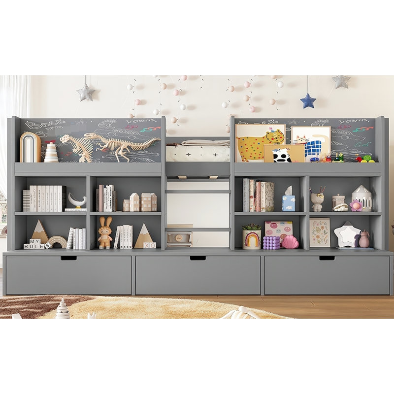 Gray Twin Xl Low Loft Bed With Built - In Storage Shelves, Curtain, And Chalkboard, Practical Easy To Assemble For, Gray