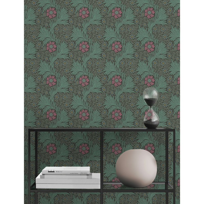 Papier peint floral bleu sarcelle avec fleurs roses sur charbon, Texturé non collé