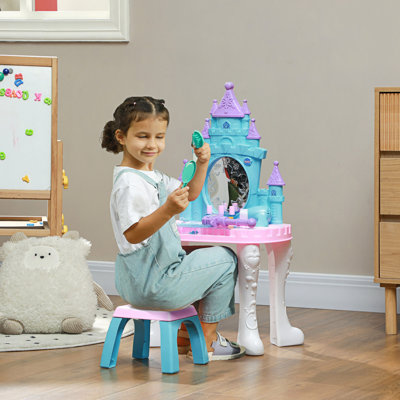 Ensemble de coiffeuse Qaba pour enfants avec miroir et tabouret, table de maquillage motif château avec lumière, musique, sèche-cheveux et 18 accessoires, jouet d'imitation pour filles de 3 à 6 ans