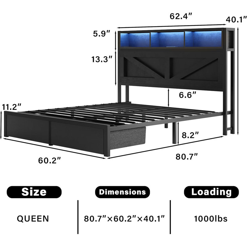 Farmhouse Bed Frame with LED Charged Bookcase Headboard and Storage Drawers, No Box Spring Needed, Black, Queen