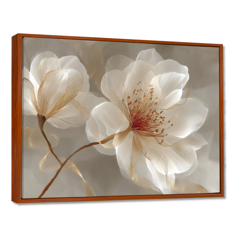 Délicat «Magnolia doré», impression sur toile à motif floral orange, H 30 po x l 40 po, Cadre flottant, Brun