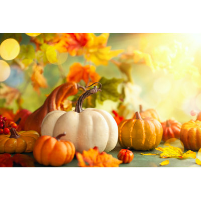 Festive Autumn Decor from Pumpkins, Berries and Leaves - Photographie sur toile tendue