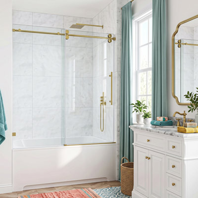 Porte de douche/baignoire coulissante sans cadre, tube rond, 44'-49' L x 60' H, en pellicule incassable avec verre trempé de 3/8" (10 mm) et roulettes silencieuses