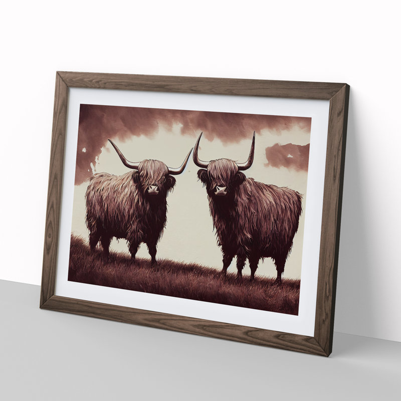 Two Highland Cows Vol.4 - Framed Print, 46cm H x 64cm W x 2cm D, Walnut Framed