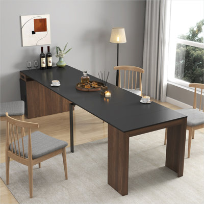 Table de salle à manger extensible 14 places rectangulaire, panneau de particules avec finition noyer, pieds aux tons noirs, design extensible multifonctionnel