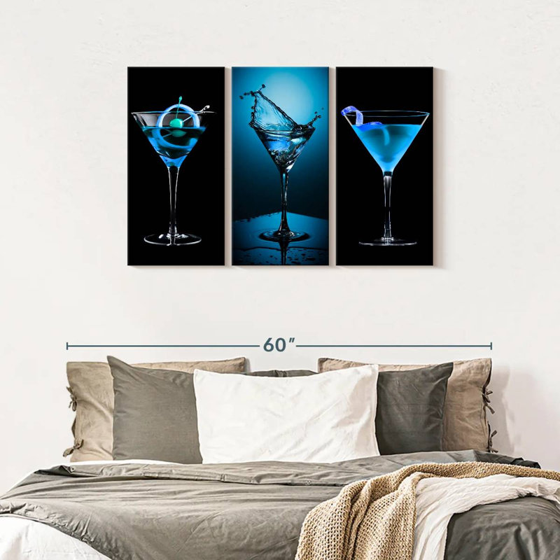 Ensemble de 3 boissons bleues sur toile, H 28 po x l 45 po x P 1,25 po