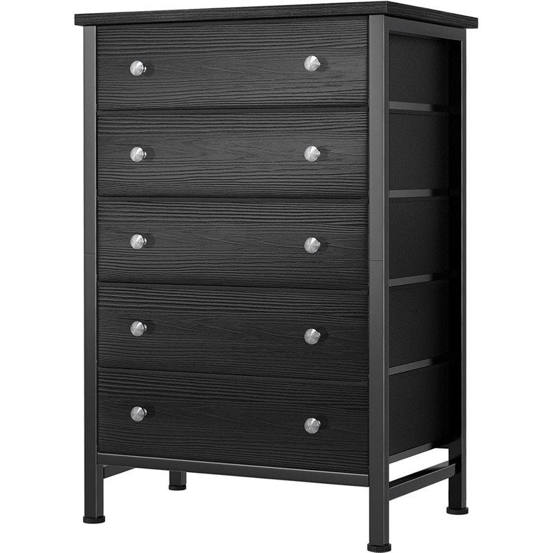 Commode noire pour commode de chambre à coucher avec 5 tiroirs en tissu pour garde-robe moderne
