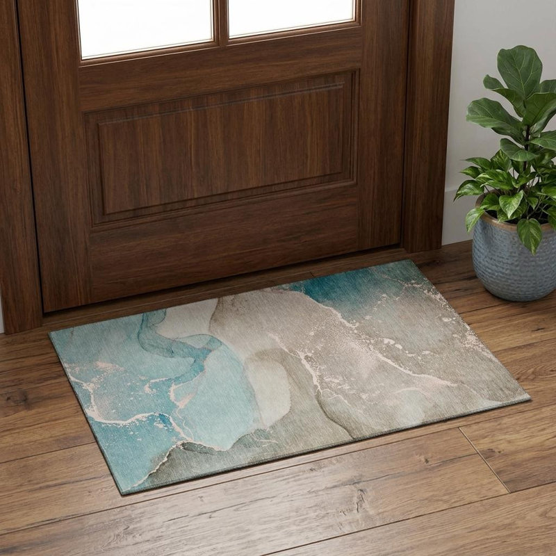 3' X 5' Teal Beige And Ivory Abstract Washable Area Rug With UV Protection