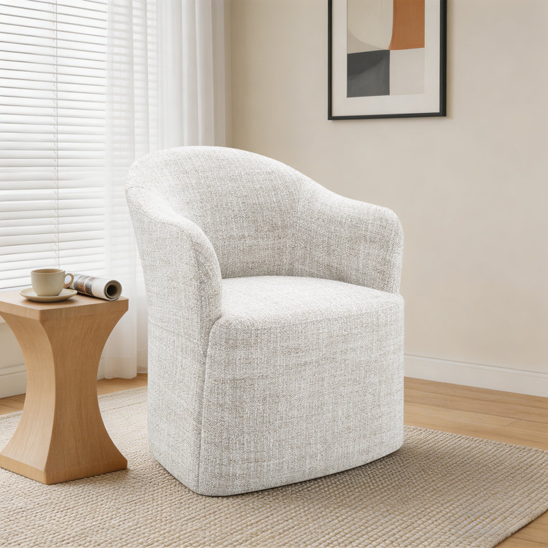 Upholstered Dining Chairs With Casters, Fully Assembled Round Barrel Armchair, Solid Wood Accent Vanity Chair For Dining Room Living Room