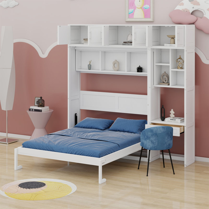 Lit escamotable avec bureau, armoire supérieure et tablettes de rangement, lit pliable peu encombrant, Blanchies