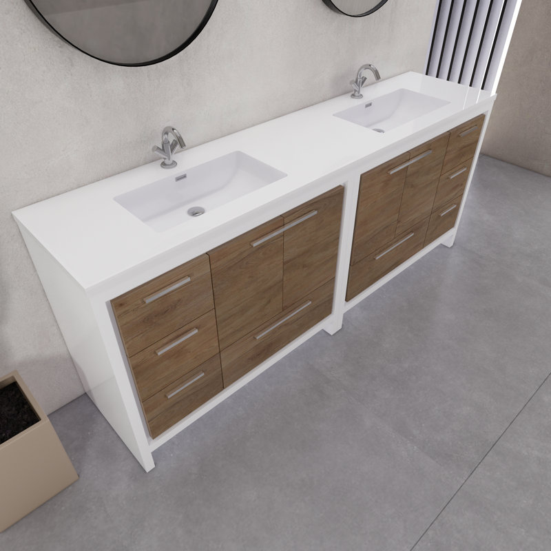 Ensemble de meuble-lavabo double 84 po 84 po, Blanc brillant / teck