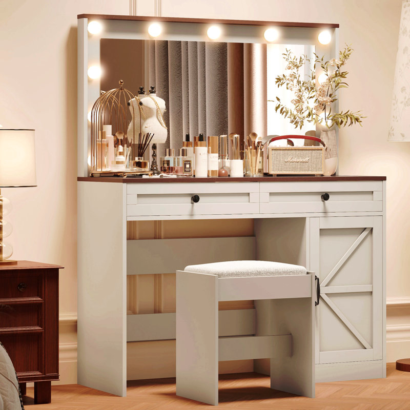 Coiffeuse 43,4 ", coiffeuse avec grand miroir et 11 lumières à DEL, luminosité réglable, coiffeuse avec 3 tiroirs, coiffeuse pour femme
