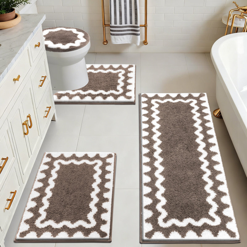 Tapis de salle de bain absorbant et antidérapant lavable (ensemble de 4), Motif géométrique brun