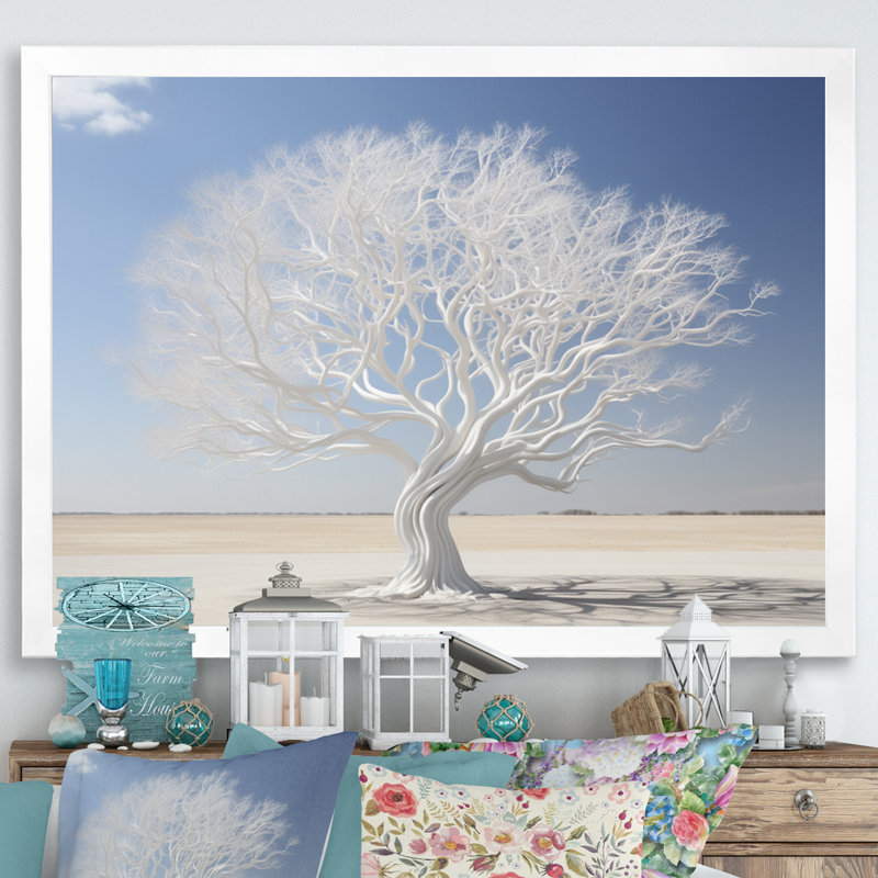 Arbre d'hiver gris et blanc, reproduction sur toile, H 16 po x l 32 po x P 1 po, Cadre photo blanc