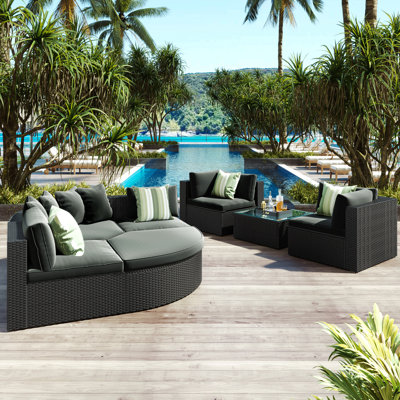 7-Piece Outdoor Wicker Sofa Set, Rattan Sofa Lounger, With Striped Green Pillows, Conversation Sofa, For Patio, Garden, Deck