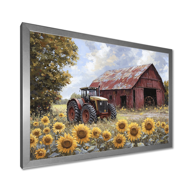Diyora campagne côté tournesols avec tracteur ferme I - tournesols, art mural, H 16 po x l 32 po, Argent argent