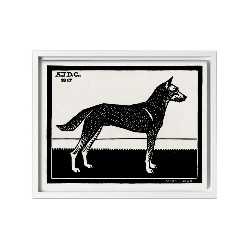 Chien noir et blanc, 16"H x 20"W, Canevas, White Framed