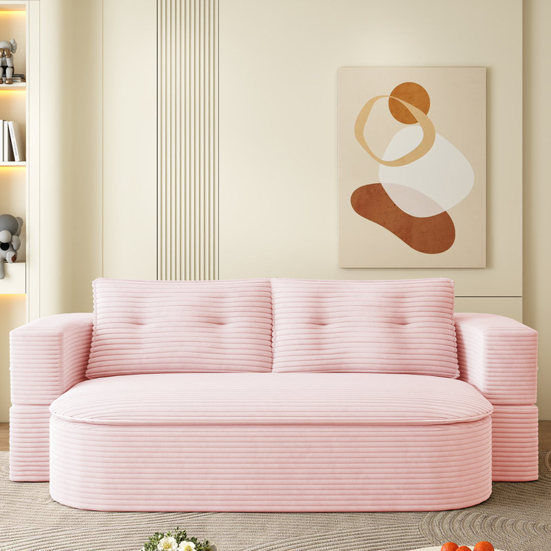 Boneless 78.7" Compression Modern 2-in-1 Foldable Sofa with Functional Blanket and 2 Soft Pillows, Baby Pink