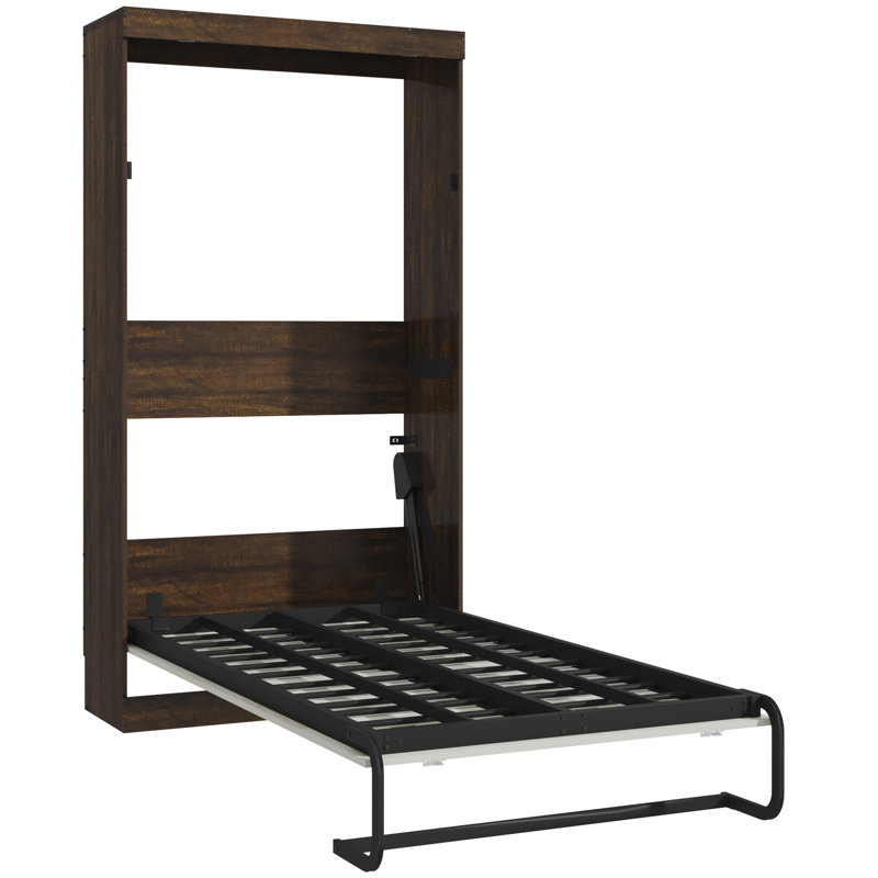 Lit escamotable mural avec lumières DEL, sans sommier, pour bureau à domicile, blanc antique et brun rustique, Lit double