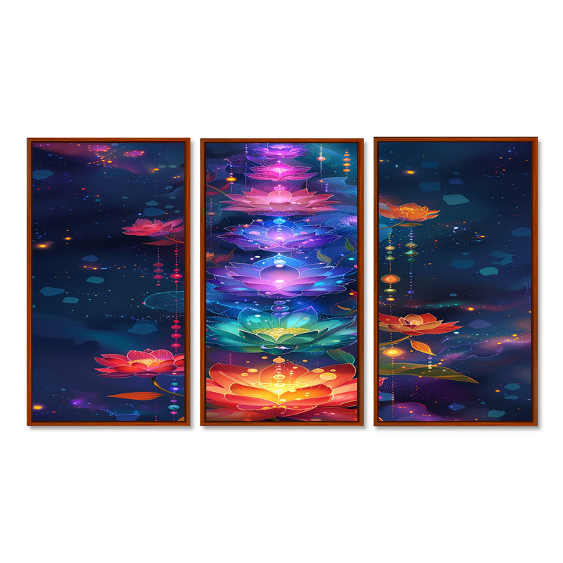 «Blossoming Chakra Flowers - Meditation», ensemble de reproduction d'art mural, Cadre flottant brun