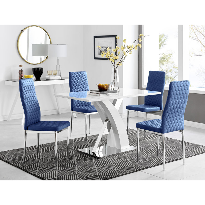 Marietta Chrome Metal and White High Gloss Dining Table Set - 4 Luxury Velvet Dining Chairs, Navy/Silver