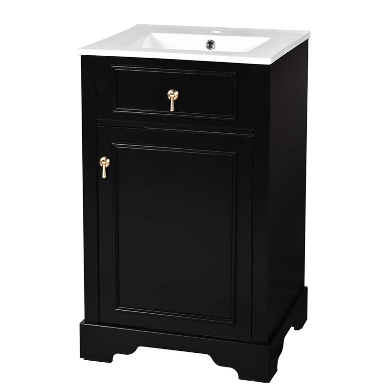 Meuble-lavabo de 20 pouces avec lavabo en céramique, porte à fermeture douce, tablette réglable et support de rangement fixé à la porte - idéal pour les petites salles de bain