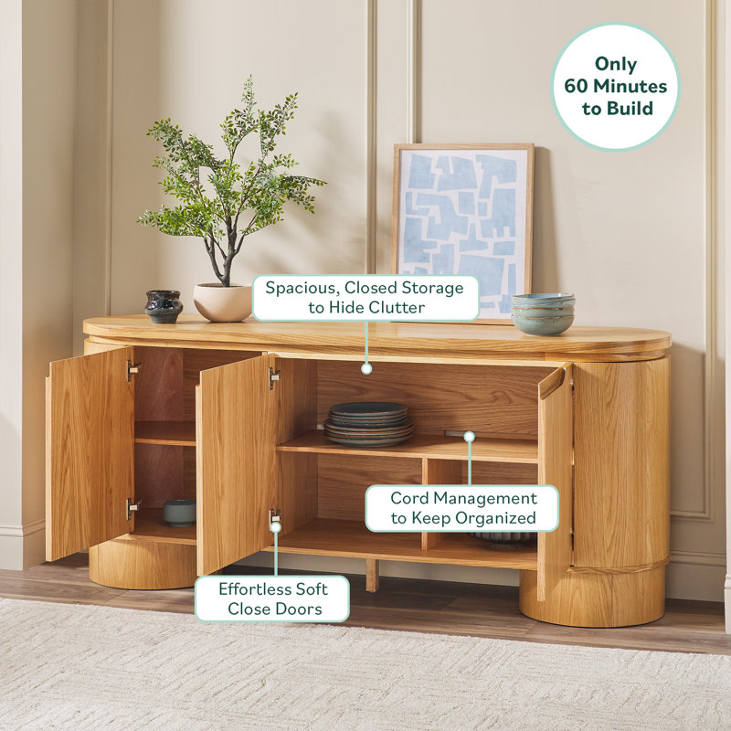 Aaric 70" Modern Large Curved Wood Sideboard TV Stand with Cabinet Storage, White Oak