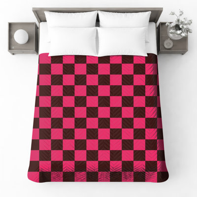Pink Black Checkered Quilted Thin Bedspread