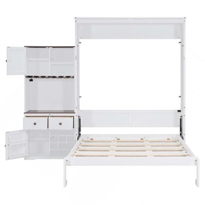 Queen Size Murphy Bed With Storage Cabinet, Wine Rack, Glass Holder, Drawers And Multi-Color LED Strip