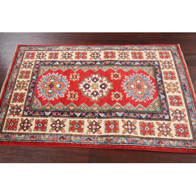 Tapis rouge en laine noué à la main de conception unique 2 pi 8 po x 4 pi 3 po