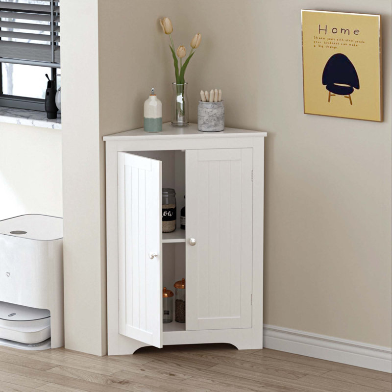 Armoire de plancher au sol avec 2 portes et tablettes réglables, armoire de rangement étroite autoportante, armoires de rangement en coin pour la salle de bain, la cuisine, le salon ou la chambre à coucher