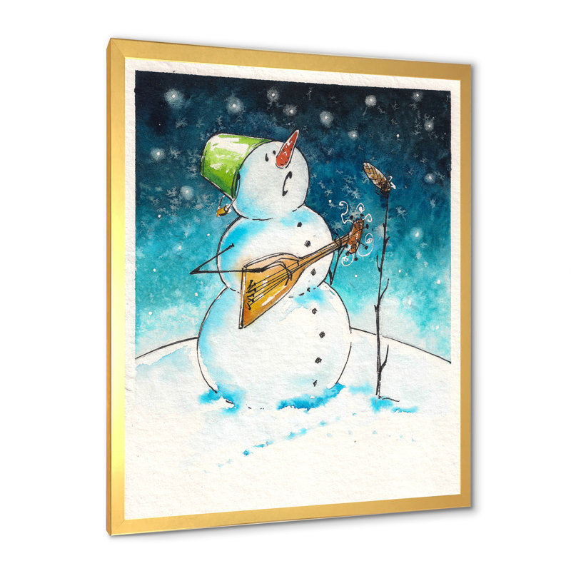 «Christmas Snowman jouant de la guitare IV», reproduction d'art sur toile, H 20 po x l 12 po x P 1 po, Cadre photo doré